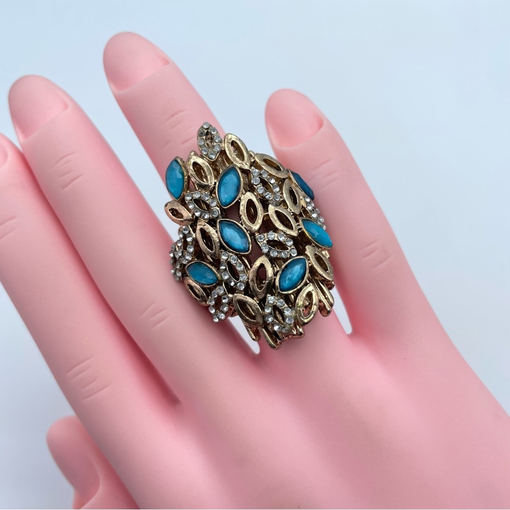 Vintage Gold-Tone Cocktail Ring with Blue Glass and Rhinestones Art Deco Sz 6